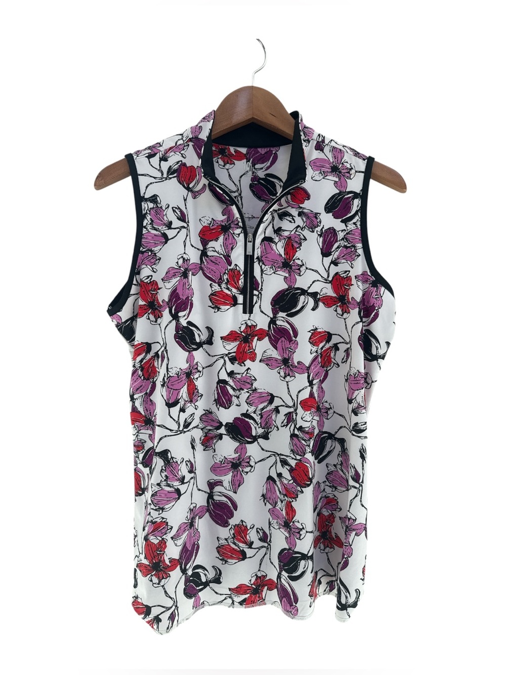 Tail Sleeveless Floral Zip-Front Golf Top in White with Pink & Red